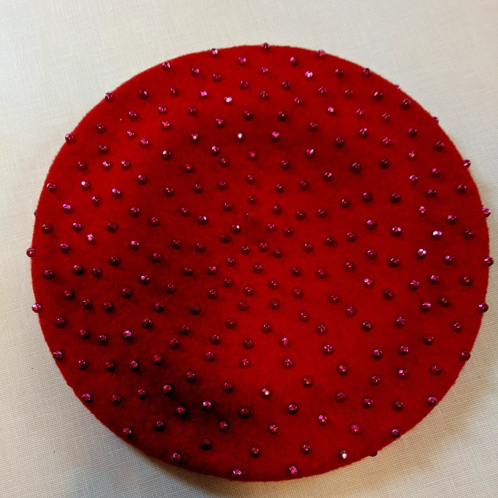 Vintage beret Re: late 1960's red wool with nail heads. Excellent condition!